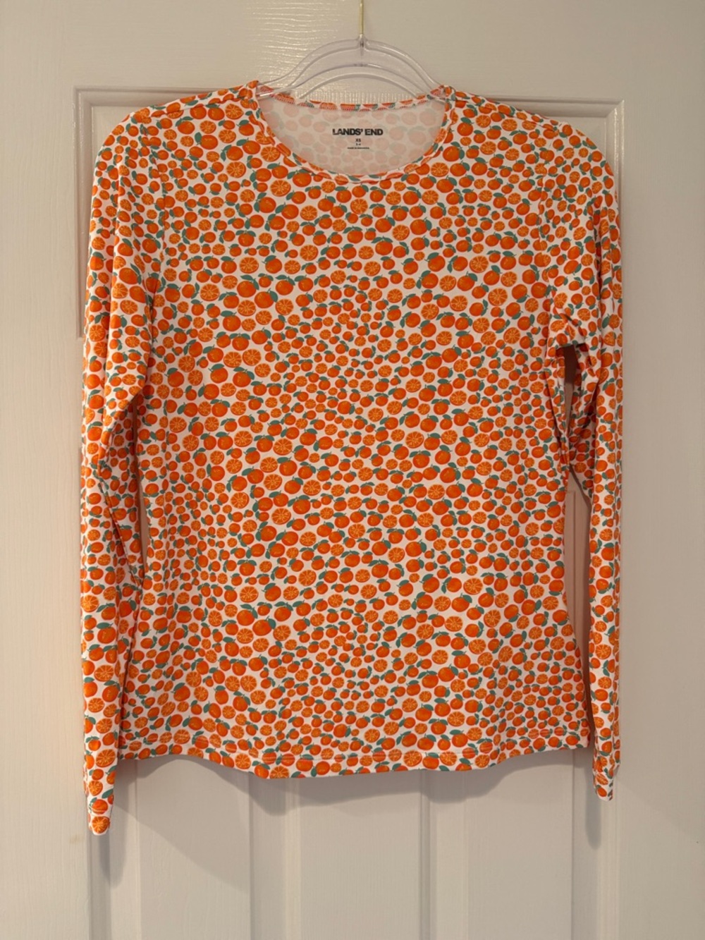 Lands' End Women's Orange and White Long-Sleeve UPF 50 Rash Guard Swim Tee